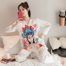 2021 New Beijing Opera Printing Pajamas Set Silky Lapel Sleep Wear Fashion Women Ics Silk Nightwear Pijamas Loose Loungwear