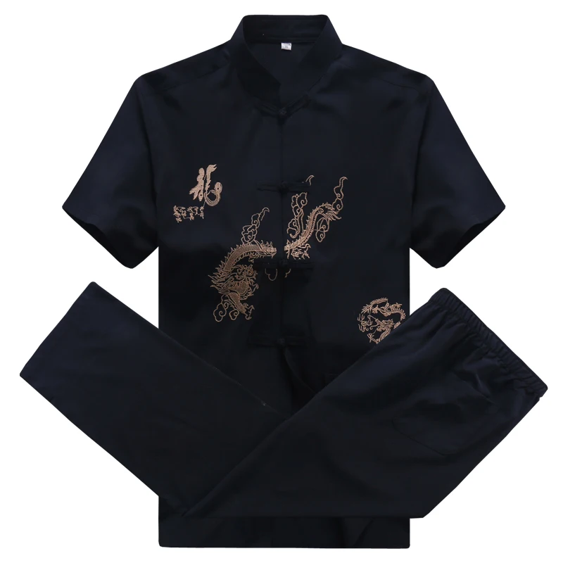 

Navy Blue Embroidery Dragon Chinese Men Kung Fu Suit Cotton Wu Shu Uniform Long Sleeve Tai chi Set For Father Novelty Clothes