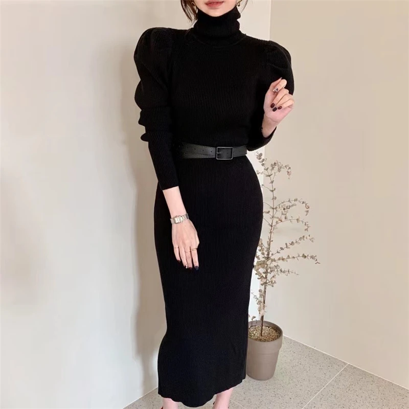 Winter Turtleneck Knitted Dress Women Puff Full Sleeve Black Sweater Dresses Vintage Autumn Split Casual Vestidos With Belt
Winter Turtleneck Knitted Dress Women Puff Full Sleeve Black Sweater Dresses Vintage Autumn Split Casual Vestidos With Belt