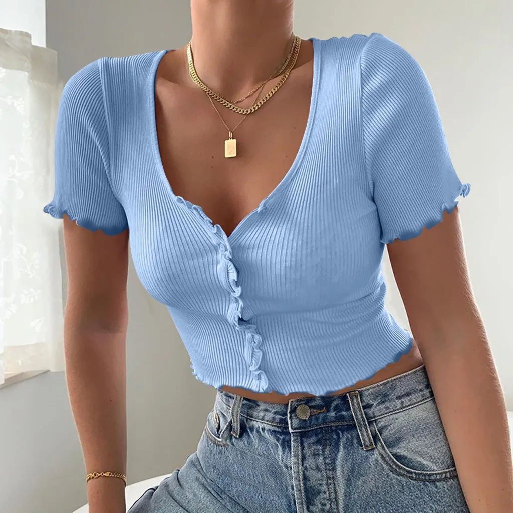 Women's Sexy Knitted V-neck Ribbed Short-sleeve Crop Top With Button Short Summer Top Short Shirt Solid Color Casual Tops Mujer
Women's Sexy Knitted V-neck Ribbed Short-sleeve Crop Top With Button Short Summer Top Short Shirt Solid Color Casual Tops Mujer