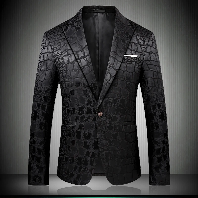 

Black Blazer Men Crocodile Pattern Wedding Suit Jacket Slim Fit Stylish Costumes Stage Wear For Singer Mens Blazers Designs 9006