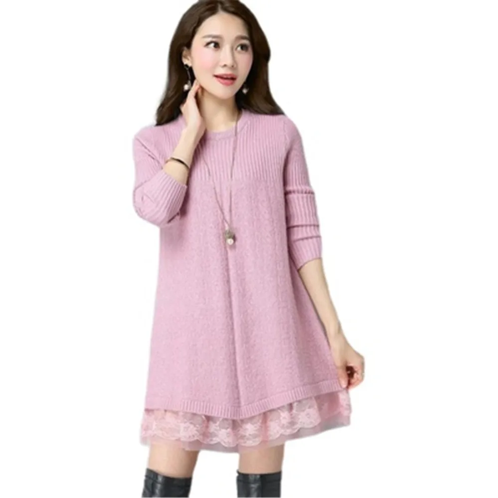 Fall Winter 2021 Womens Lace Stitching Sweater Dress Solid color Loose Long-sleeved Pullovers Plus size Female Knit Sweaters
Fall Winter 2021 Womens Lace Stitching Sweater Dress Solid color Loose Long-sleeved Pullovers Plus size Female Knit Sweaters