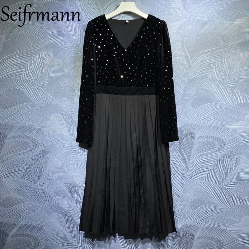 Seifrmann New 2021 Autumn Women Fashion Runway Party Pleated Dress Sexy V-Neck Black Print Patchwork Pleated Dresses Vestidos
Seifrmann New 2021 Autumn Women Fashion Runway Party Pleated Dress Sexy V-Neck Black Print Patchwork Pleated Dresses Vestidos