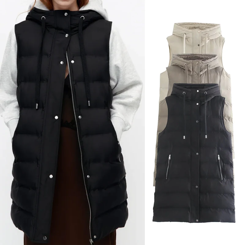 ZA 2021 Women Fashion Khaki Vest Coat vest zipper Hooded long jackets beige Black Cotton clothes Female Outerwear Chic Tops
ZA 2021 Women Fashion Khaki Vest Coat vest zipper Hooded long jackets beige Black Cotton clothes Female Outerwear Chic Tops