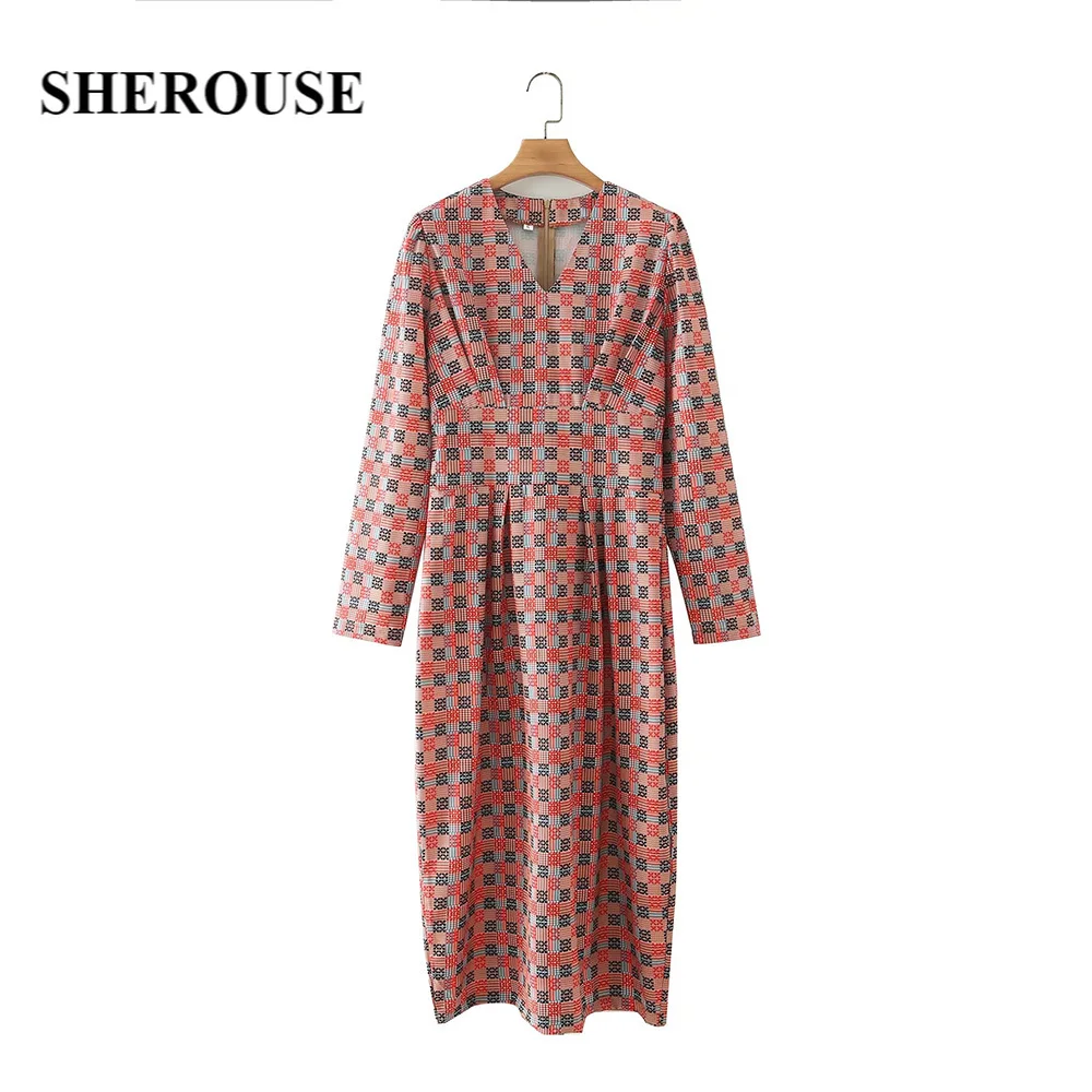 Sherouse Women Fashion Geometric Check print Dress V-neck Long Sleeves Slim Waist Casual Chic Lady Woman Midi Long Dresses Robe 
Sherouse Women Fashion Geometric Check print Dress V-neck Long Sleeves Slim Waist Casual Chic Lady Woman Midi Long Dresses Robe