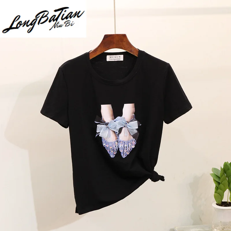 Summer Tops Women T 2020 Beading Sequin Screen Shot Short Sleeve T-shirt Casual Loose Black White Cotton Tee shirt Femme
Summer Tops Women T 2020 Beading Sequin Screen Shot Short Sleeve T-shirt Casual Loose Black White Cotton Tee shirt Femme