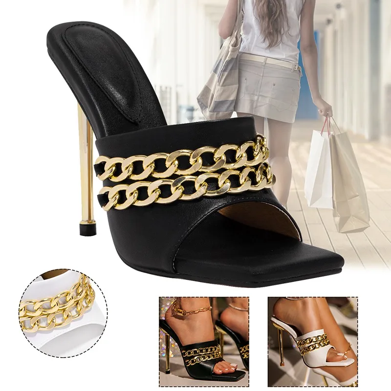 Women's Summer Elegant Slippers Fashion New Metal Chain Decoration High Heels Open Toe Sandals Stiletto Square Toe Ladies Shoes
Women's Summer Elegant Slippers Fashion New Metal Chain Decoration High Heels Open Toe Sandals Stiletto Square Toe Ladies Shoes