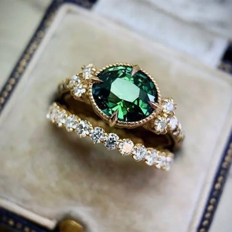 

Rings Set Elegant Lady's Ring Engagement Wedding Banquet 2 Pieces / Set Jewelry Oval Green Gem Gold Plated Gorgeous Women Ring