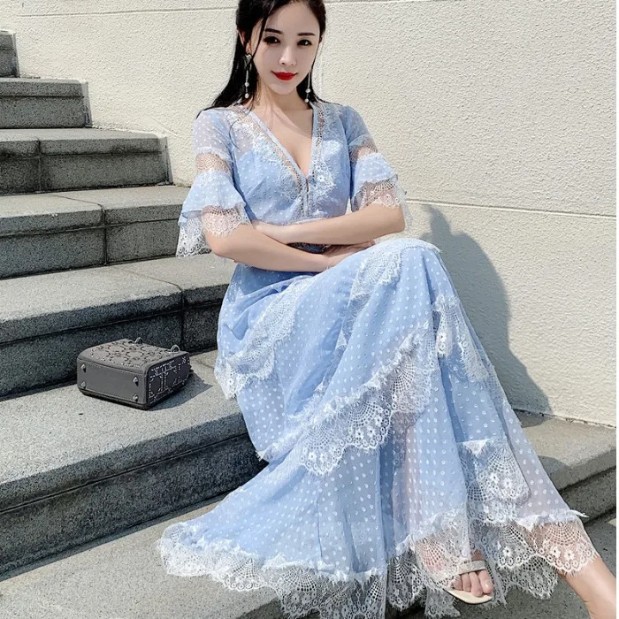 Preppy Style Ruffled Stitching Zipper Lace Maxi Dress Ladies 2021 Summer Fashion Plus Size V-neck Short Sleeve Long Dress Women
Preppy Style Ruffled Stitching Zipper Lace Maxi Dress Ladies 2021 Summer Fashion Plus Size V-neck Short Sleeve Long Dress Women