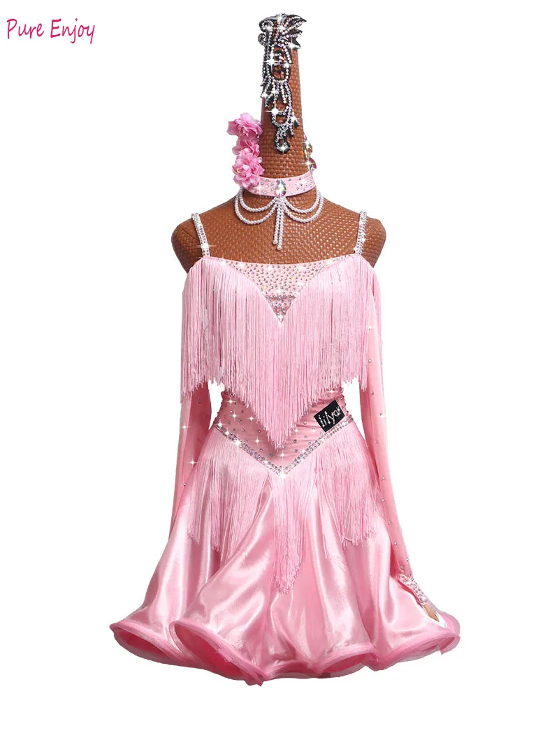 

Latin Dance Competition Dress Women Performance Dress Art competition Dress Bare Shoulder Pink Fishbone Curling Dress