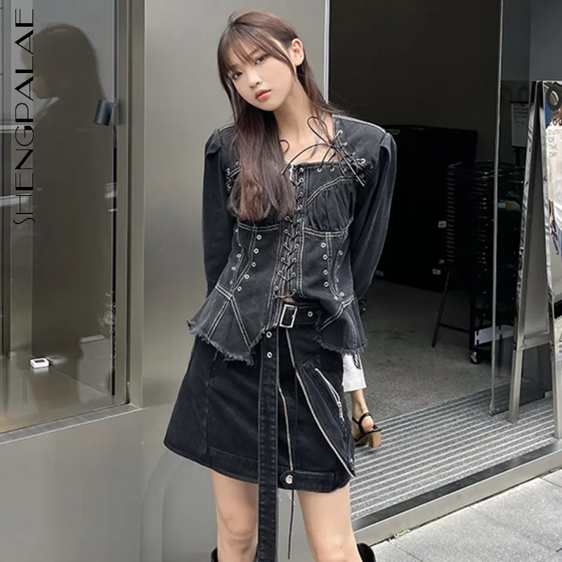 SHNEGPALAE streetwear chic bandage denim jacket women's autumn 2021 new square collar Loose long sleeve short coat female tide 
SHNEGPALAE streetwear chic bandage denim jacket women's autumn 2021 new square collar Loose long sleeve short coat female tide