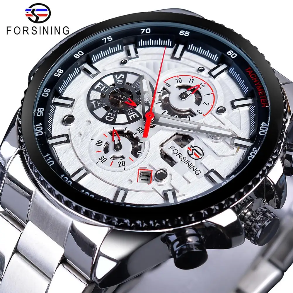 

Forsining Top Brand Luxury Date Luminous Hands Complete Calendar Mens Automatic Watches Silver Stainless Steel Strap Wrist Watch