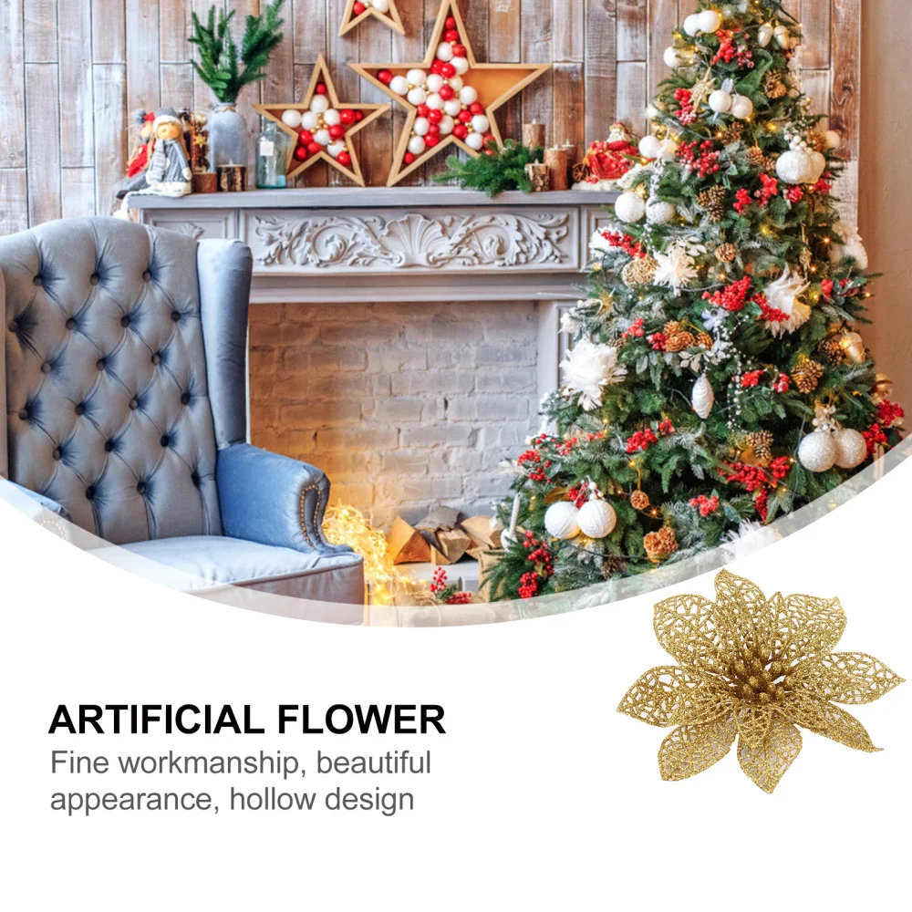 20Pcs 15cm Christmas Glitter Poinsettia Flowers Xmas Tree New Year Ornament