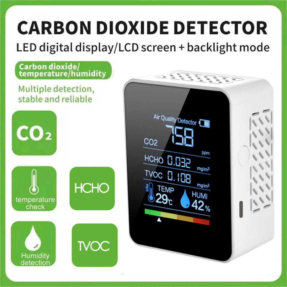 Multifunctional 5in1 CO2 Meter Digital Temperature Humidity Tester Gas Detector CO2 TVOC HCHO Detector Air Quality Monitor
Multifunctional 5in1 CO2 Meter Digital Temperature Humidity Tester Gas Detector CO2 TVOC HCHO Detector Air Quality Monitor
