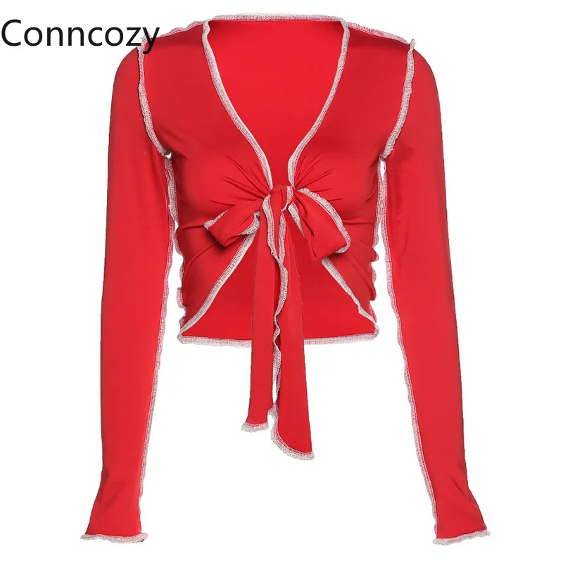 Autumn Women T-Shirt Sexy Bow Tie Deep V Neck Red Top Contrast Color Crop Tops Streetwear Party Halloween Club T Shirts Camisas 
Autumn Women T-Shirt Sexy Bow Tie Deep V Neck Red Top Contrast Color Crop Tops Streetwear Party Halloween Club T Shirts Camisas