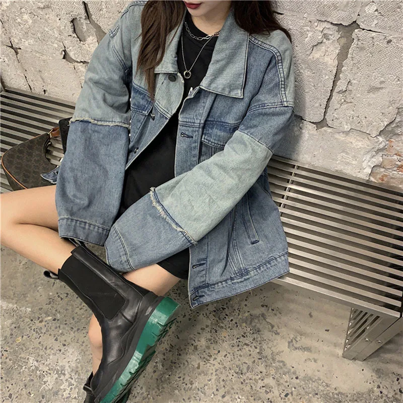 

Harajuku Color Contrast Patchwork Denim Jacket Women Spring Autumn Korean Loose Frayed Burrs Jeans Jacket Female Chaqueta Mujer