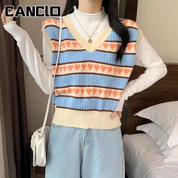 Women Knitted Vest Striped Heart Printed V Neck Vintage Sweater Vest 2021 Autumn Korean Style Slim Sleeveless Pullover Crop Top
Women Knitted Vest Striped Heart Printed V Neck Vintage Sweater Vest 2021 Autumn Korean Style Slim Sleeveless Pullover Crop Top