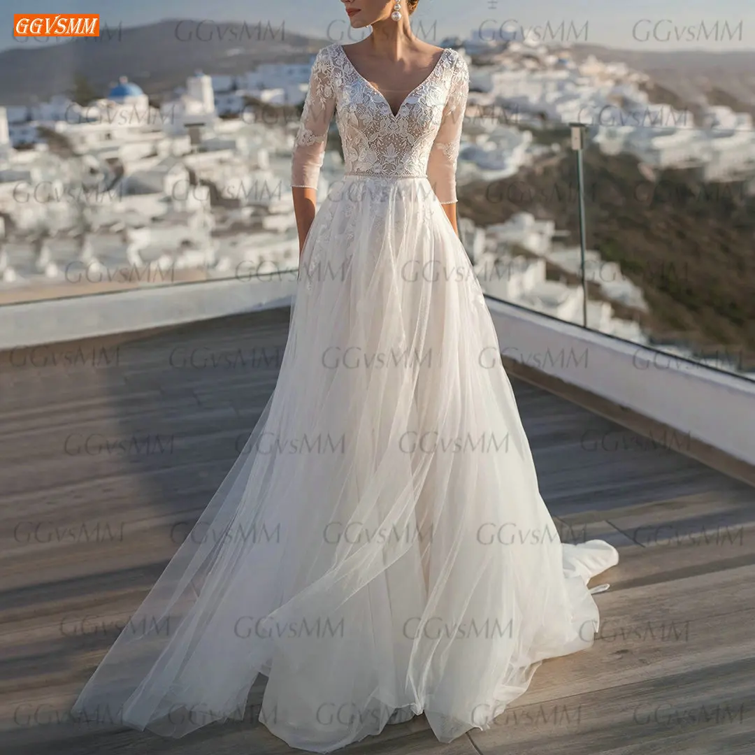 Bohemian Wedding Gowns White 2021 Vestido De Noiva Backless 3/4 Sleeves Custom Made Suknia Slubna Tulle A Line Bridal Dresses
Bohemian Wedding Gowns White 2021 Vestido De Noiva Backless 3/4 Sleeves Custom Made Suknia Slubna Tulle A Line Bridal Dresses