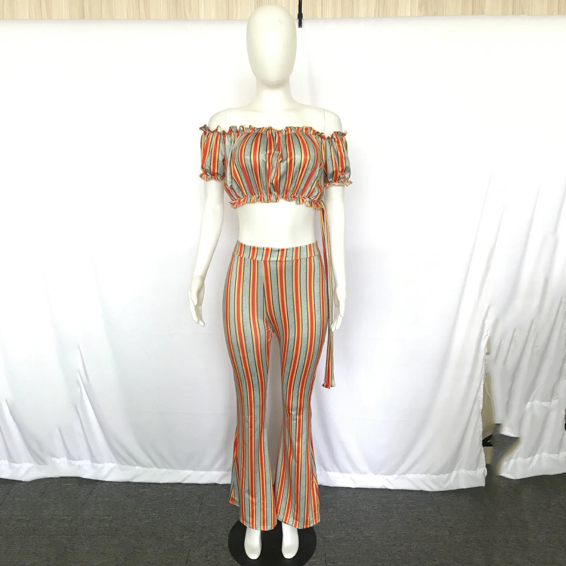 2020 Summer Women Two Piece Sets Short Tops Long Flare Pants Slash Neck Orange Striped High Waist Ladies Street Clothes Set | Женская