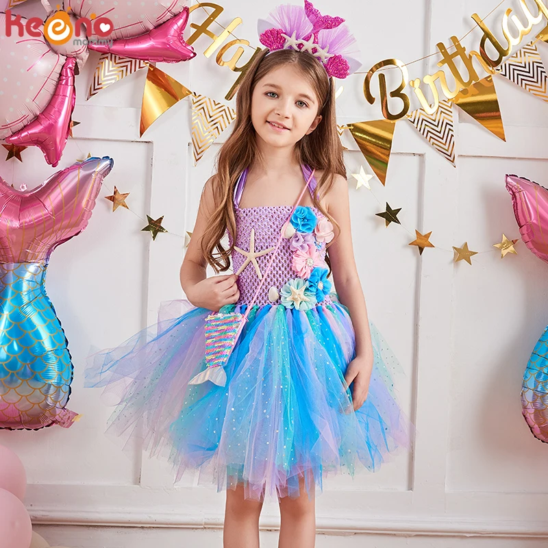 

Pastel Mermaid Tutu Dress for Girls Princess Birthday Party Costume Starfish Halloween Fancy Kids Dresses Glitter Tulle Vestidos
