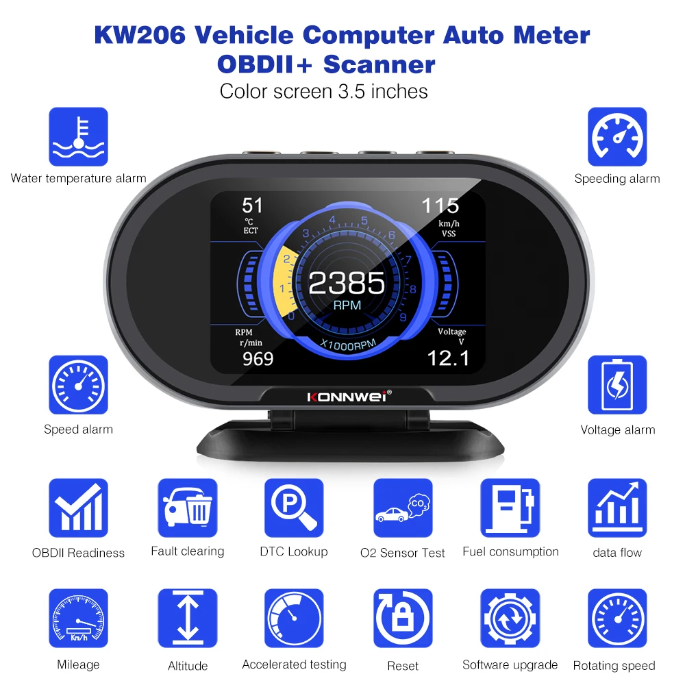 

Автомобильный бортовой компьютер KW206 OBD2, цифровой дисплей OBD 2, сканер расхода топлива, воды, датчик температуры, спидометр, HUD