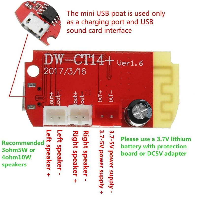 2Pcs Power Amplifier Board CT14 Micro- 4.2 Stereo Bluetooth Receiver Board Module 5W+5W for DIY Sound Box Speaker
2Pcs Power Amplifier Board CT14 Micro- 4.2 Stereo Bluetooth Receiver Board Module 5W+5W for DIY Sound Box Speaker