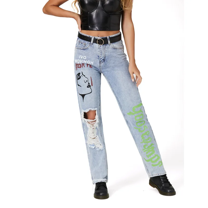 Women Spring and Autumn Style Casual Fashion Ripped Jeans Women Letter Flower Print High-Waist Hollow Straight-Leg Trousers
Women Spring and Autumn Style Casual Fashion Ripped Jeans Women Letter Flower Print High-Waist Hollow Straight-Leg Trousers
