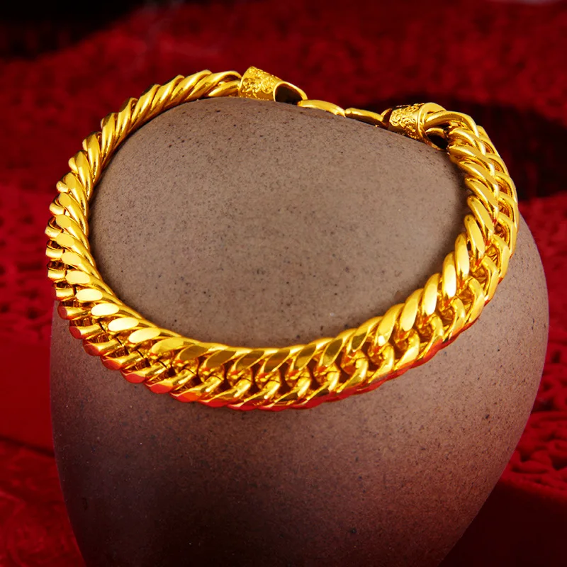 

Толстый золотистый браслет, мужской/женский, одинаковая модель, позолоченный женский браслет из двух элементов с 24-каратным золотом