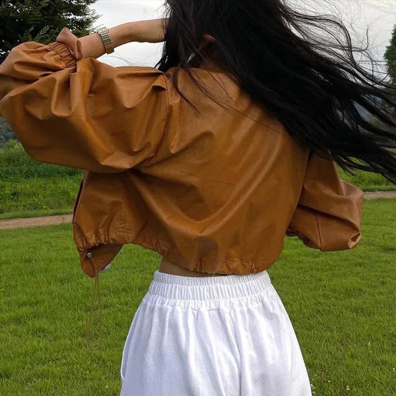 Women Pu Leather Short Jacket Coats Autumn Casual Turn Down Collar Zipper Drawstring Crop Top Female Loose Streetwear jacket
Women Pu Leather Short Jacket Coats Autumn Casual Turn Down Collar Zipper Drawstring Crop Top Female Loose Streetwear jacket