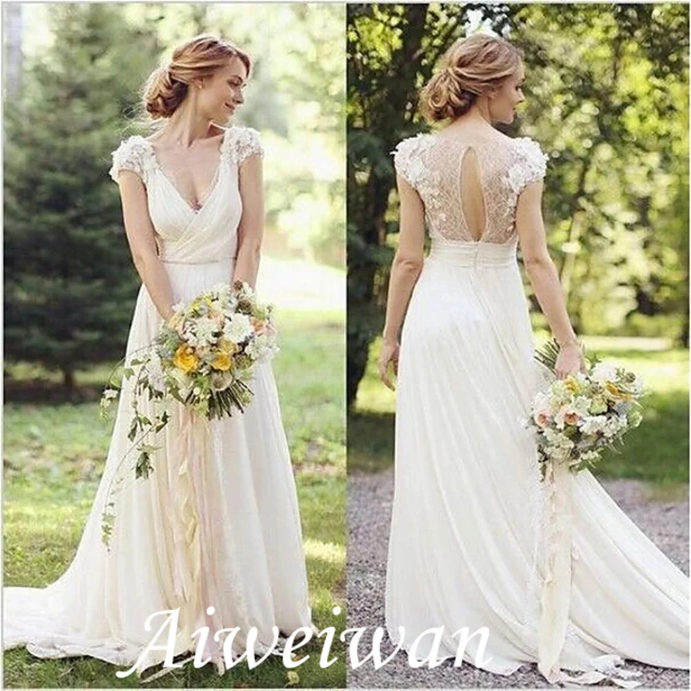 

A-Line Wedding Dresses V Neck Sweep / Brush Train Lace Cap Sleeve Country Romantic Illusion Detail Backless with Appliques 2021