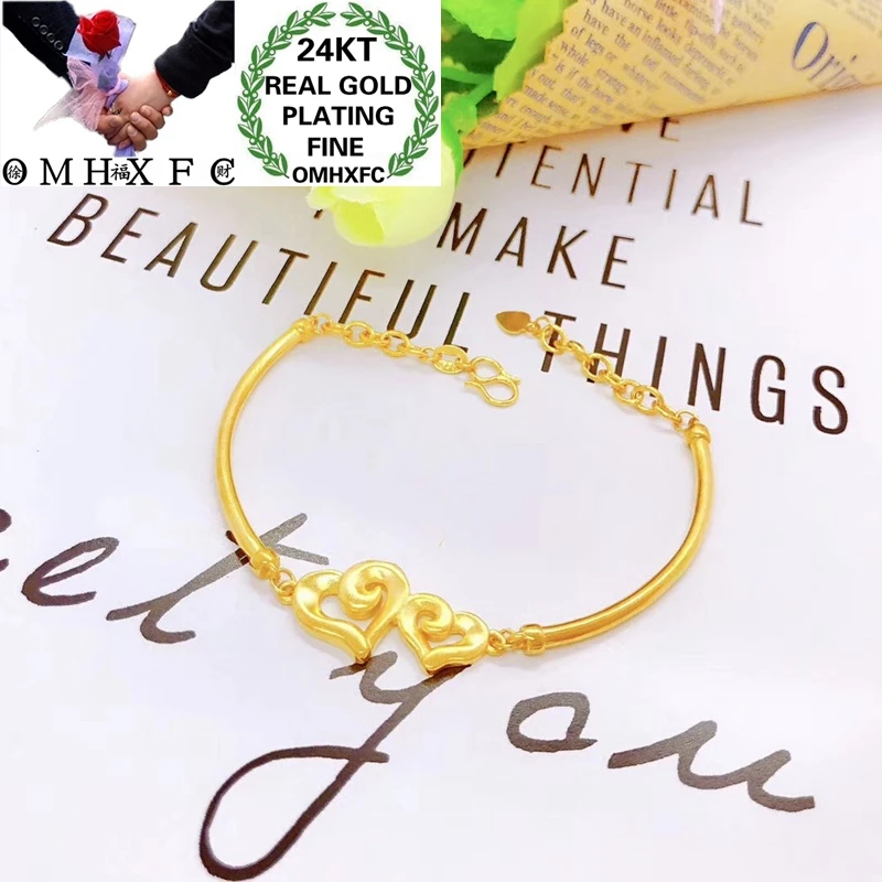 

Ювелирные изделия OMHXFC, оптовая продажа, YM152, Европейская мода, изящная женская, для вечевечерние, дня рождения, свадьбы, подарок с двумя сердечками, 24KT золотистый браслет