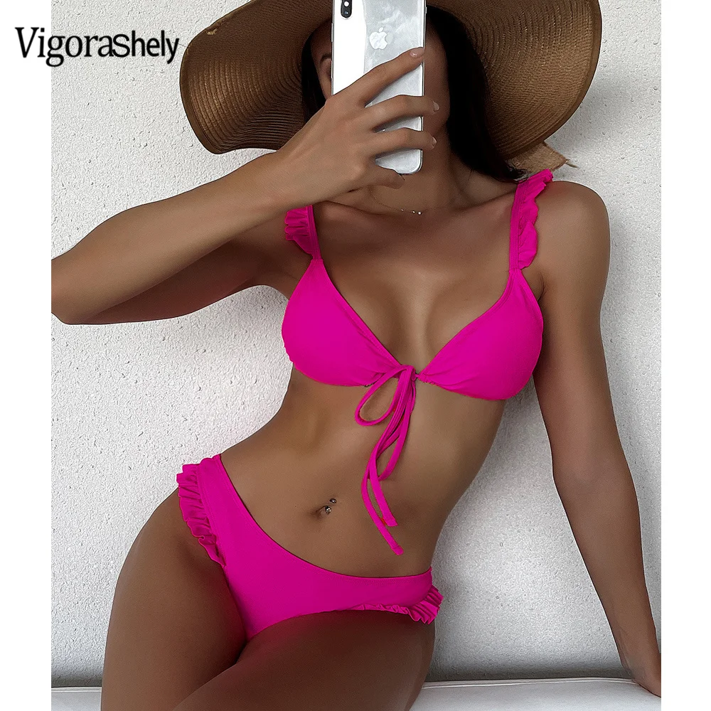 

VigoCasey Sexy Ruffle Push Up Bikini Set High Cut Swimwear Women 2022 Swimsuit Solid String Tied Tassel Bathing Suit Swim Wear