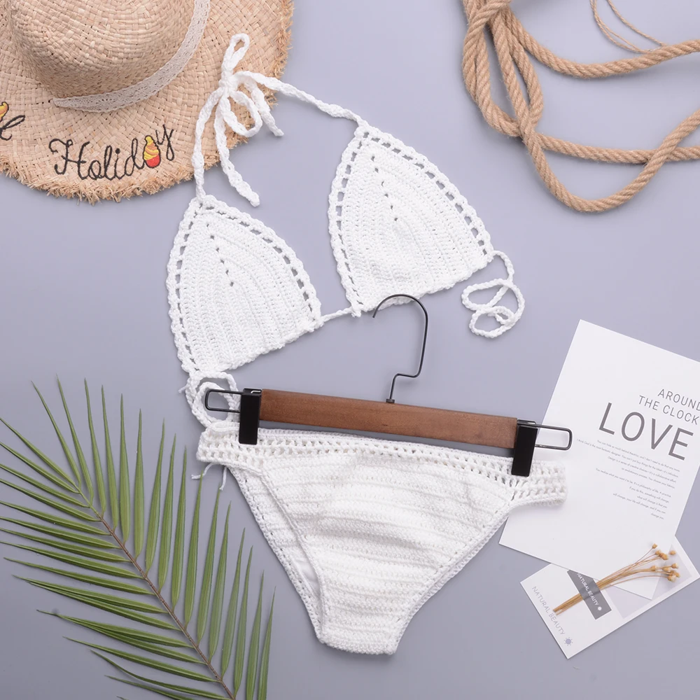 Micro Bikini ensemble femmes Crochet Sexy maillot de bain solide Bikini dos nu maillots de bain taille basse maillot de bain