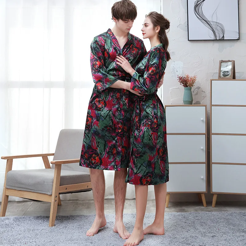 

New Arrival Couple Ice Silk Bathrobe Female Summer Thin Section Digital Printing Simulation Silk Nightgown Men Dressing Gown