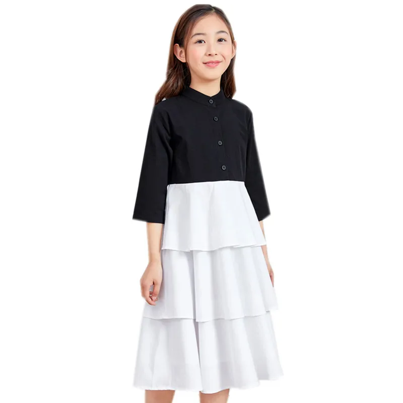 

4 to 14 years kids & teen girls summer color block cotton ruffle layered flare dress girl fashion three quarter sleeve dress