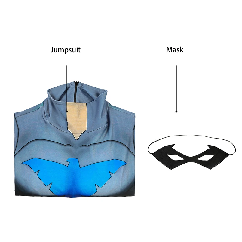 Adult Superhero Son of Bat Boy Nightwing Jumpsuit Cosplay Costume Halloween Masquerade Bodysuit With Eye Mask
Adult Superhero Son of Bat Boy Nightwing Jumpsuit Cosplay Costume Halloween Masquerade Bodysuit With Eye Mask
