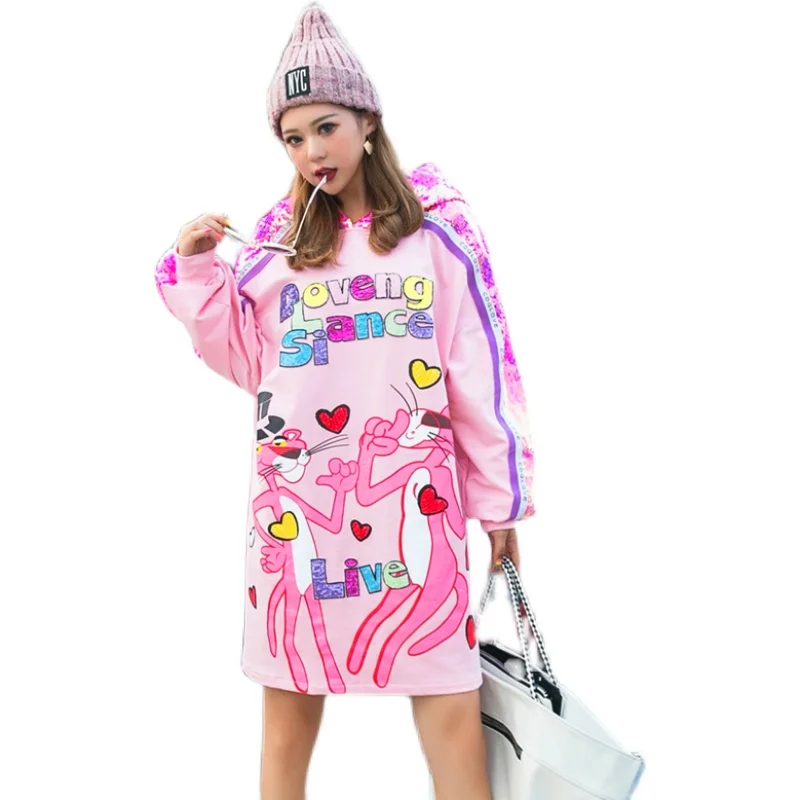Thailand tide brand heavy industry cartoon sequins printed sweater dress women's mid-length lazy style loose long-sleeved
Thailand tide brand heavy industry cartoon sequins printed sweater dress women's mid-length lazy style loose long-sleeved