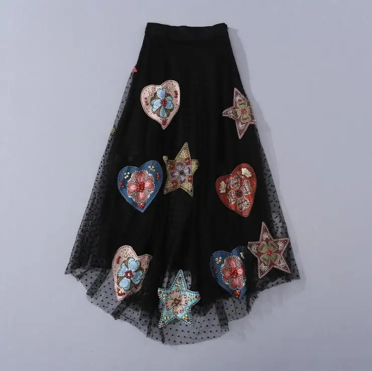 American European women's and clothing 2021 summer new style Gauze wave point bead paste cloth embroidery Fashionable skirt 
American European women's and clothing 2021 summer new style Gauze wave point bead paste cloth embroidery Fashionable skirt