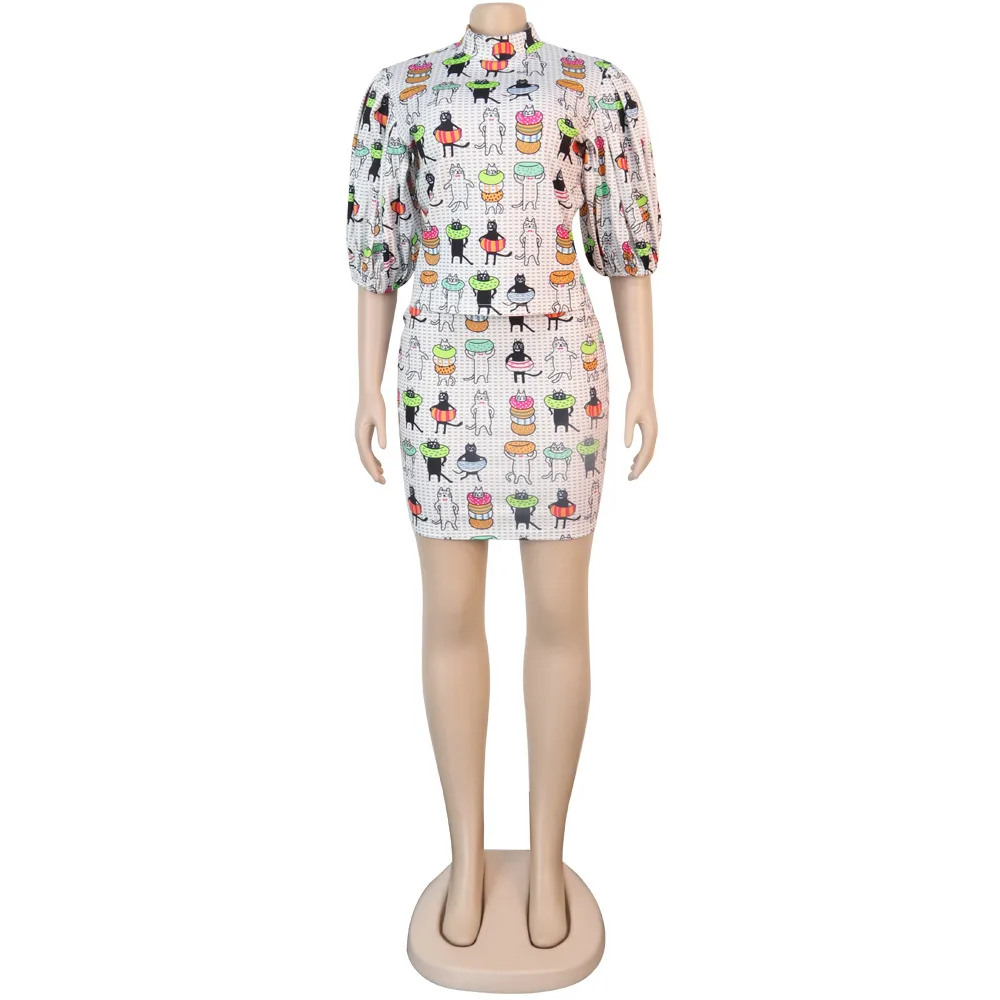 European summer fashion cartoon print women's suit slim high neck bubble sleeve shirt and skirt 2-piece set 
European summer fashion cartoon print women's suit slim high neck bubble sleeve shirt and skirt 2-piece set