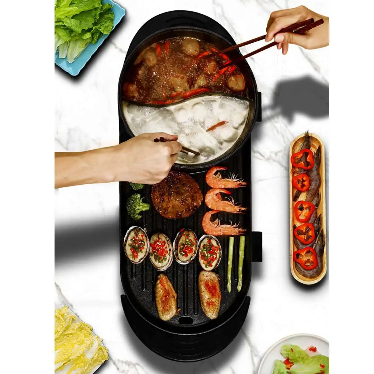 2 in 1 Electric Hot Pot Oven Multi Cooker Barbecue Pan Smokeless Barbecue Griddle 2200W Non-Stick Shabu Pot Hotpot Baking Plat
2 in 1 Electric Hot Pot Oven Multi Cooker Barbecue Pan Smokeless Barbecue Griddle 2200W Non-Stick Shabu Pot Hotpot Baking Plat