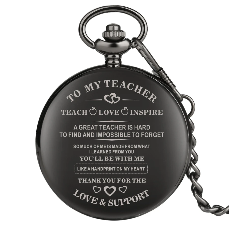 

"TO MY TEACHER " Theme Black Quartz Pocket Watch Clock Men Women Chain Clock Graduation Thanksgiving Souvenir Gifts to Teachers
