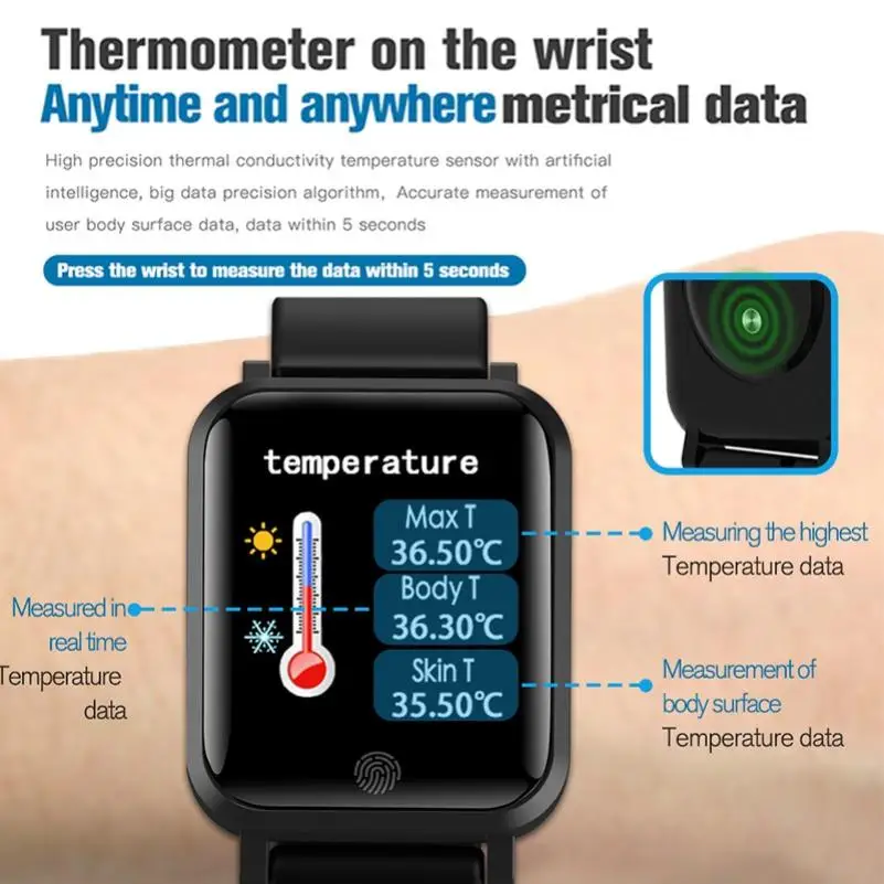 Thermometry Smart Watch Men Women Waterproof Wristband Blood Pressure Heart Rate Monitor Fitness Tracker Sport Watch
Thermometry Smart Watch Men Women Waterproof Wristband Blood Pressure Heart Rate Monitor Fitness Tracker Sport Watch