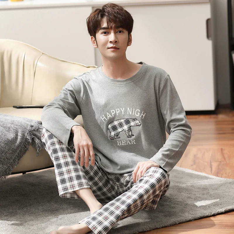 Пижама мужская хлопковая с длинным рукавом, тонкая с круглым вырезом, большие размеры, осень-весна-лето 
Пижама мужская хлопковая с длинным рукавом, тонкая с круглым вырезом, большие размеры, осень-весна-лето