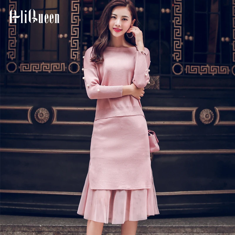 Korean Autumn 2 Piece Outfits For Women Sweet Pearls Knit Sweater + Mesh Patchwork Knit Skirt Women Set Suit Elastic Plus Size
Korean Autumn 2 Piece Outfits For Women Sweet Pearls Knit Sweater + Mesh Patchwork Knit Skirt Women Set Suit Elastic Plus Size