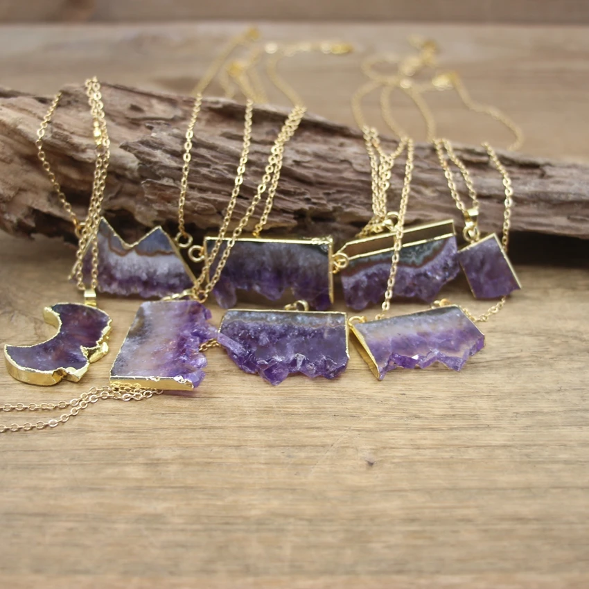 

Gold Chains Natural Amethysts Druzy Slab Pendants,Healing Crystal Quartz Geode Drusy Slice Charms Necklace Women Jewelry,QC3095