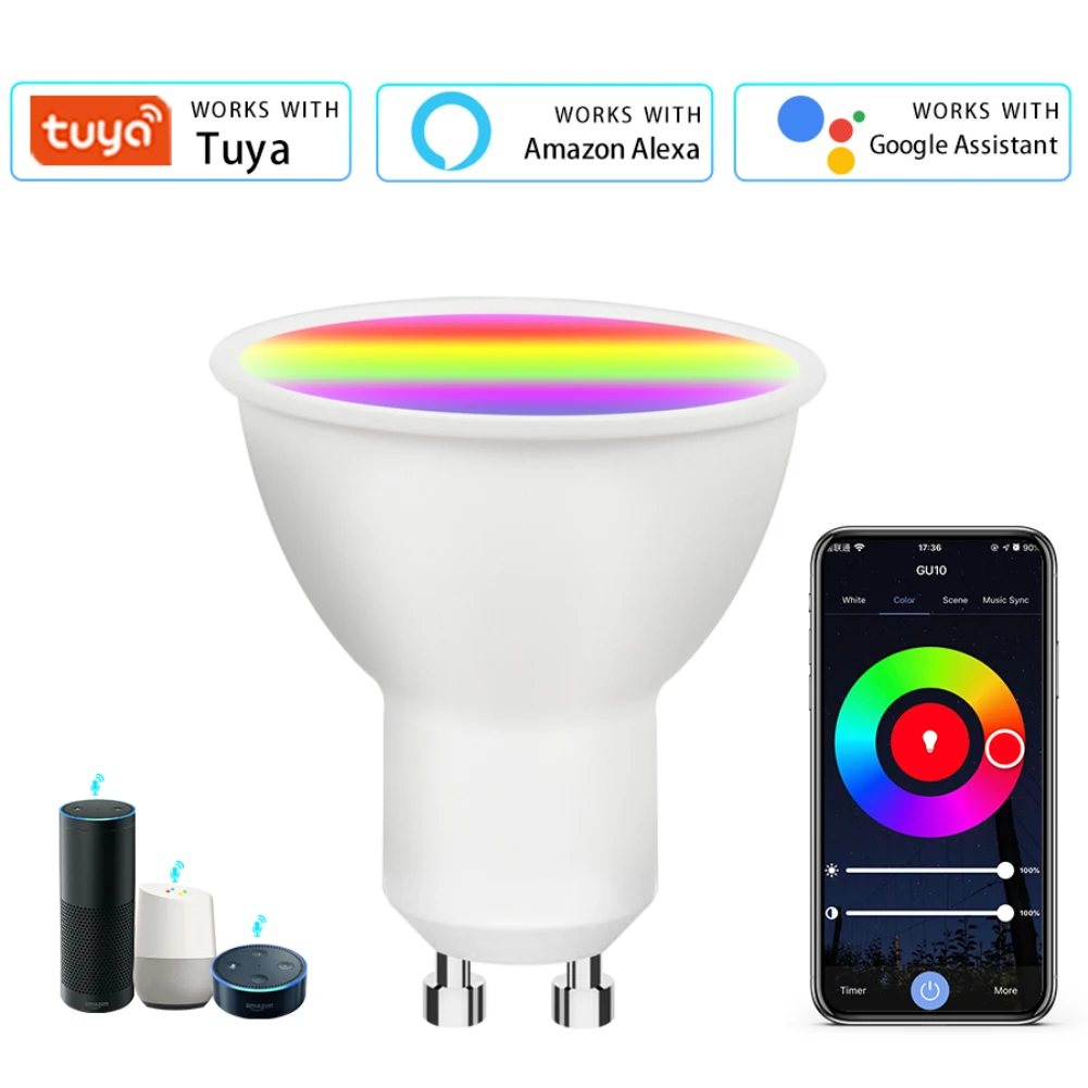 

Tuya WiFi LED Bulb RGB+CW Lights 7W 9W GU10 110V 220V Dimmable Smart Colorful LED Lamp Spotlight Voice Remote Control For Alexa