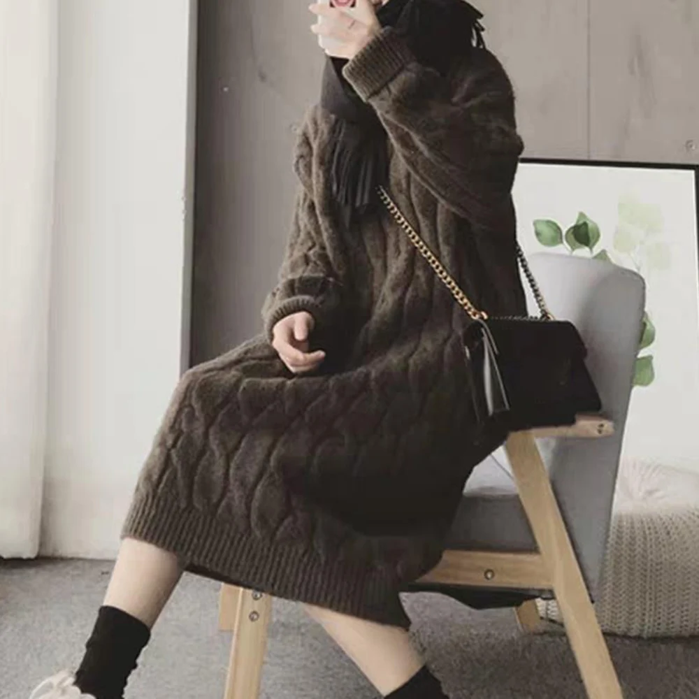 Korean Version Dress Loose Knitting Coarse Wool Autumn Winter Long Sleeve Over The Knee Round Neck Pullover Dress
Korean Version Dress Loose Knitting Coarse Wool Autumn Winter Long Sleeve Over The Knee Round Neck Pullover Dress