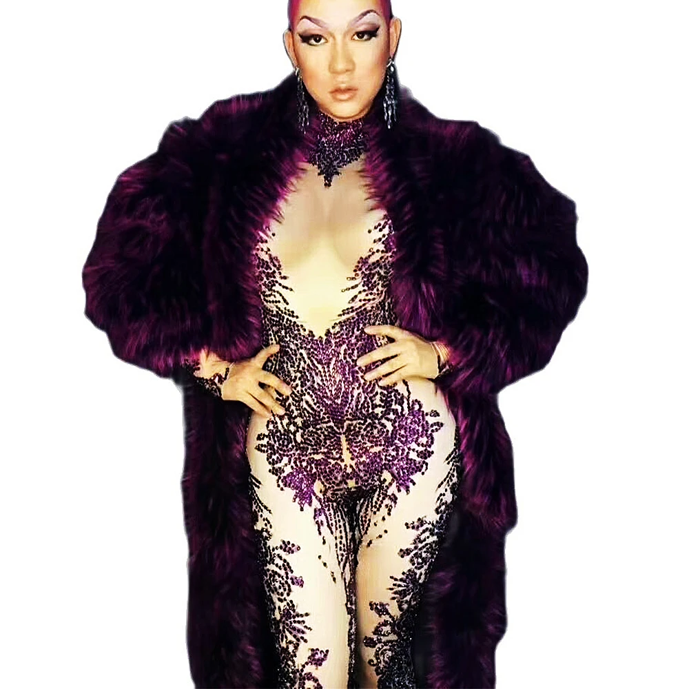 Shining Diamonds Women Long Sleeve Jumpsuit Purple Stretch Bodysuit Fur Coat Nightclub Singer Dance Costumes DS Show Stage Wear
Shining Diamonds Women Long Sleeve Jumpsuit Purple Stretch Bodysuit Fur Coat Nightclub Singer Dance Costumes DS Show Stage Wear