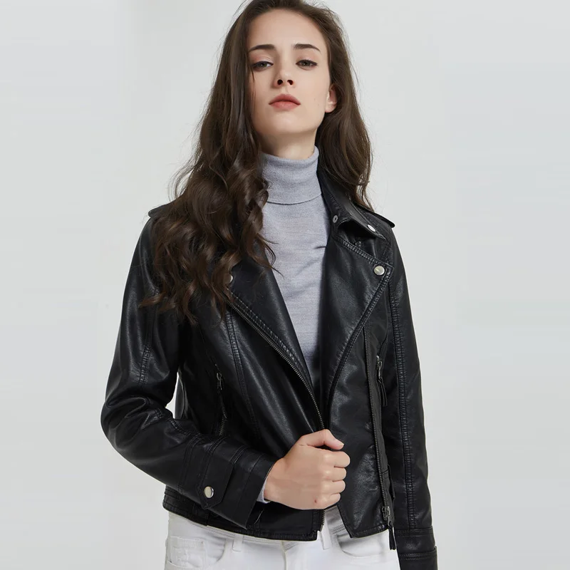 Women Black Faux Leather Jacket 2020 Autumn Slim Cool Ladies Basic Coats Female Zipper Motorcycle Biker Leather Coats Outwear 
Women Black Faux Leather Jacket 2020 Autumn Slim Cool Ladies Basic Coats Female Zipper Motorcycle Biker Leather Coats Outwear