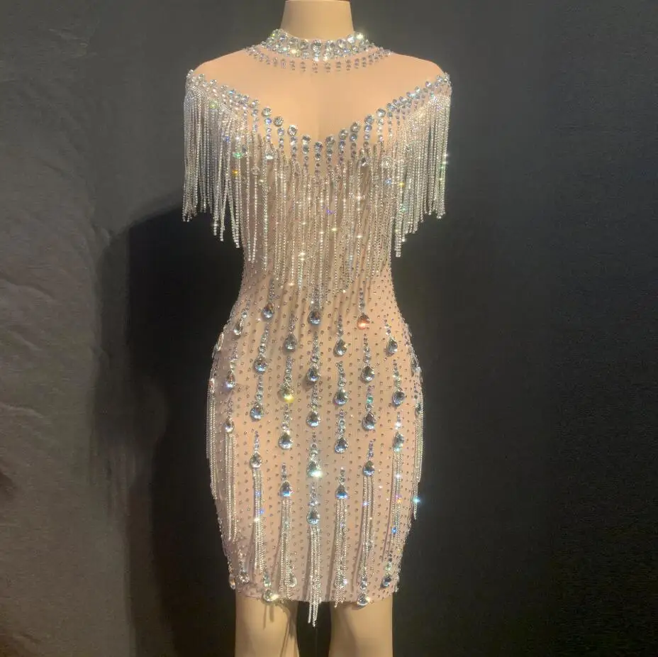 Women Summer Dress 2021 Sexy Rhinestone Mesh Tassel Evening Party Dress Celebrate Female Singer Stage Performance Costume
Women Summer Dress 2021 Sexy Rhinestone Mesh Tassel Evening Party Dress Celebrate Female Singer Stage Performance Costume